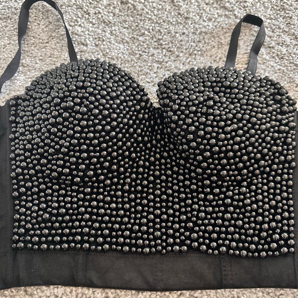 Lydia USA Black Beaded Push Up Bustier Bra Crop Top Size Small